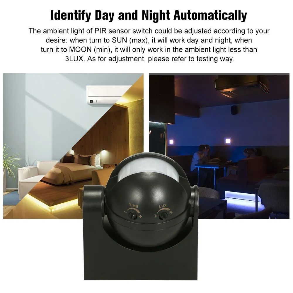 AC 110V-240V PIR Infrared Motion Sensor Switch 180 Degree Motion Detection Delay Time Adjustable Waterproof for Outdoor Indoor