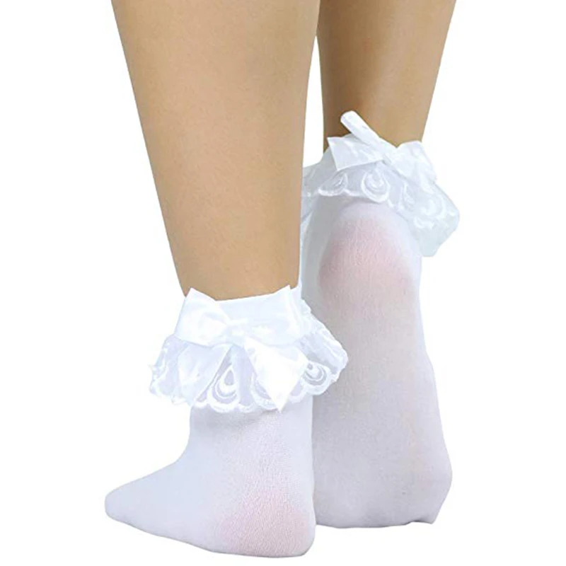 Ohyeahlady Women Nylon Short Sock Stitching Lace Ruffles White Chaussette Femme Cute Satin Bow Cotton Fashion Ladies Ankle Socks