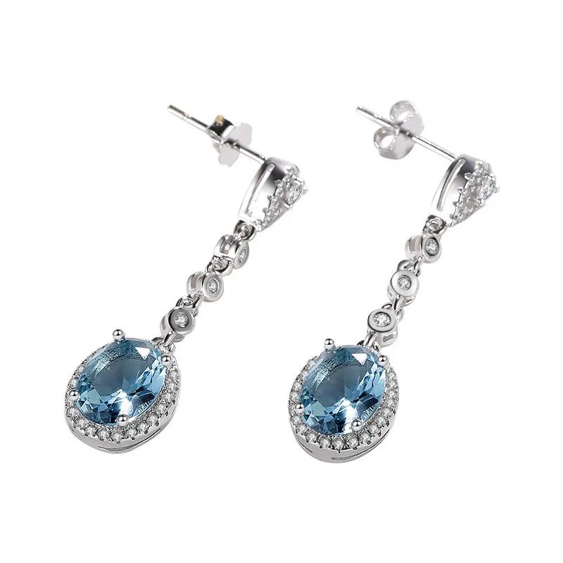 Drop Earrings For Women 925 Silver Needle Vintage Jewelry Oval Blue Cubic Zirconia Stone Long Eardrop Temperament Jewelry CCE648