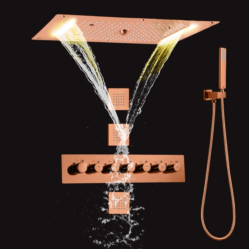 Rose Gold Thermostatic Shower  Head Set 700X380 MM  LED Bathroom High Flow Waterfall Showe