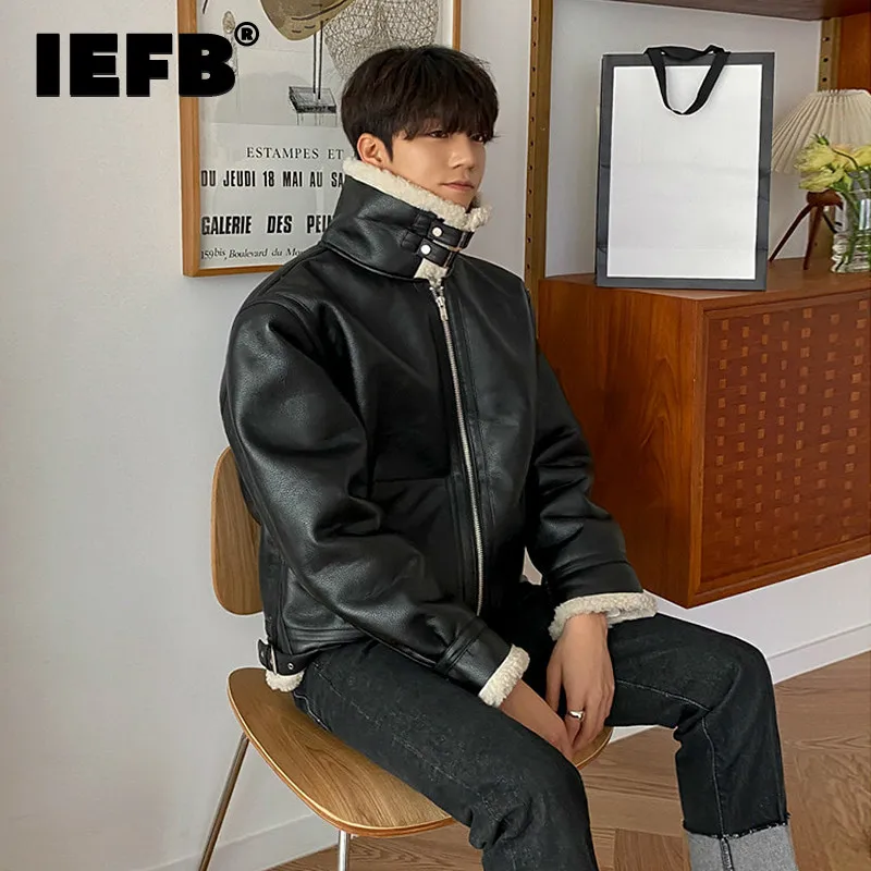 

IEFB Men's Lamb Fur One Piece If Fur PU Leather Jacket Patchwork Autumn Winter Plush Fur Trend Zipper Short Coat For Male 9Y4777