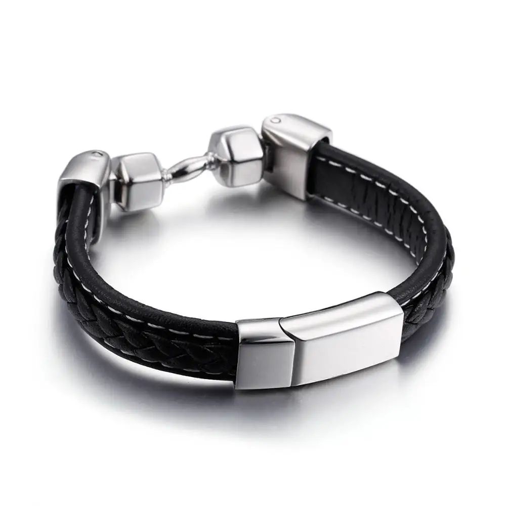 KALEN Vintage Black Leather Bracelets For Men Stainless Steel Dumbbell Charm Wrap Bracelet Cheap Homme Retro Jewelry 2018