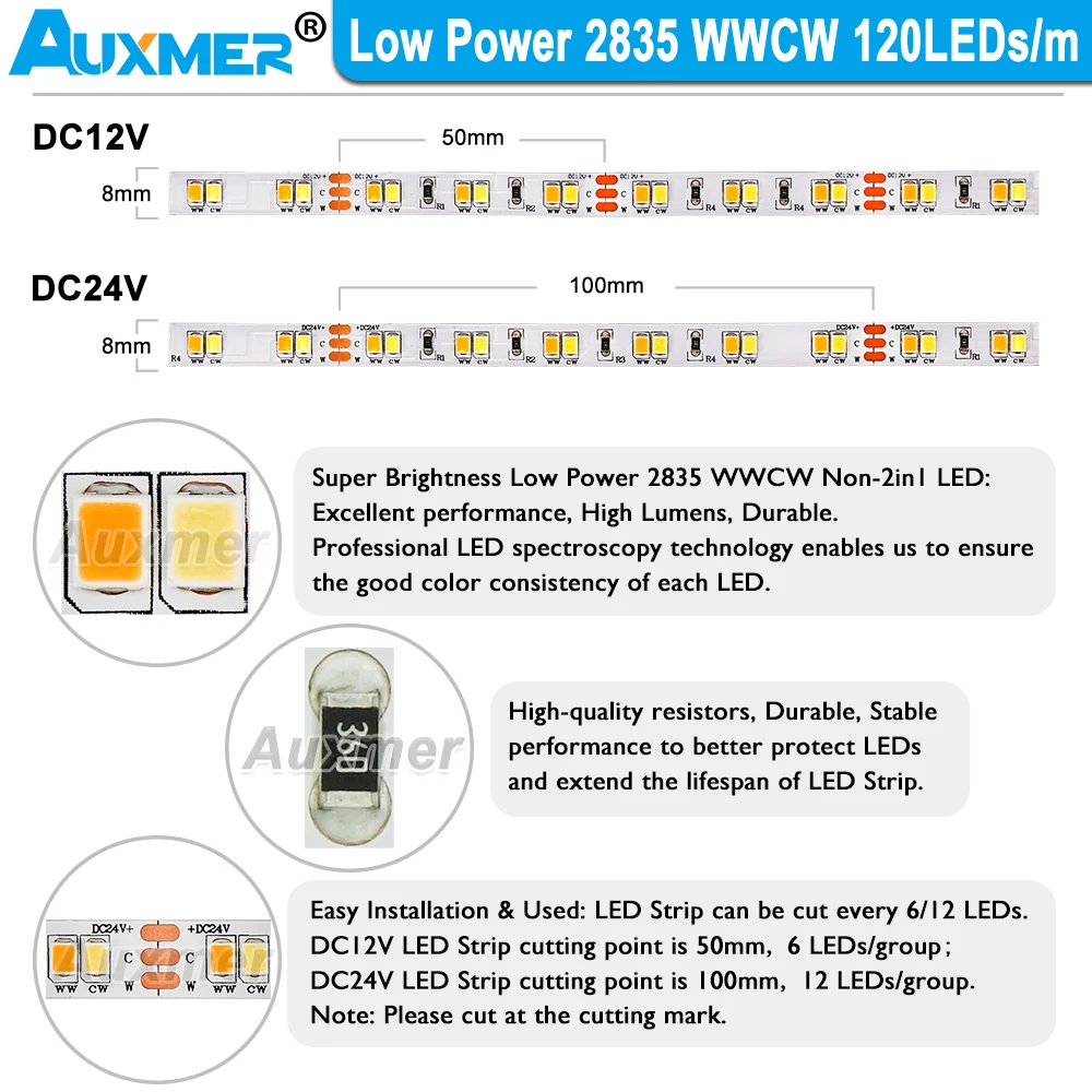 Low Power 2835 WWCW 120LEDs/m LED Strip Lights Color Temperature Adjustable CCT DC12/24V 9.6W/m 600LEDs/Reel 5m Led Tape,Indoor