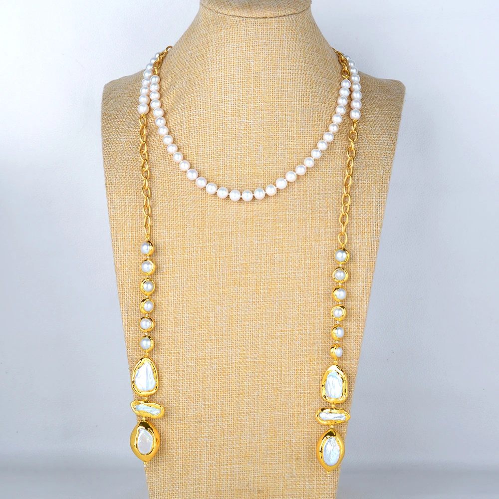 

52'' White Keshi Pearl Gold Plated Chain Long Necklace