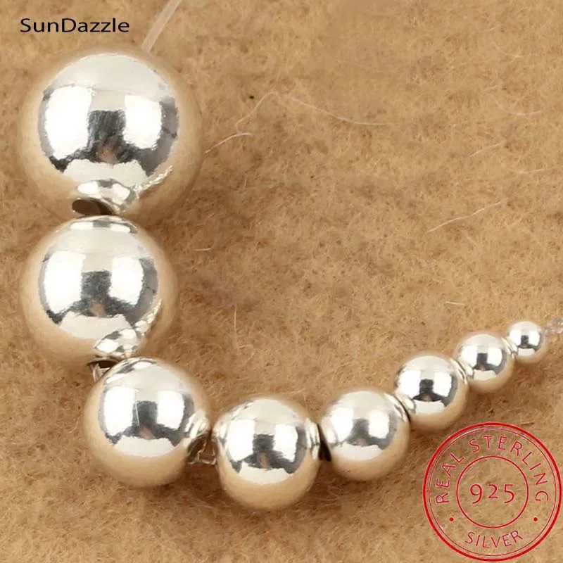 Small Hole Genuine Real Pure Solid 925 Sterling Silver Beads Round Smooth Loose Space Bead DIY Jewelry Findings 2-12mm