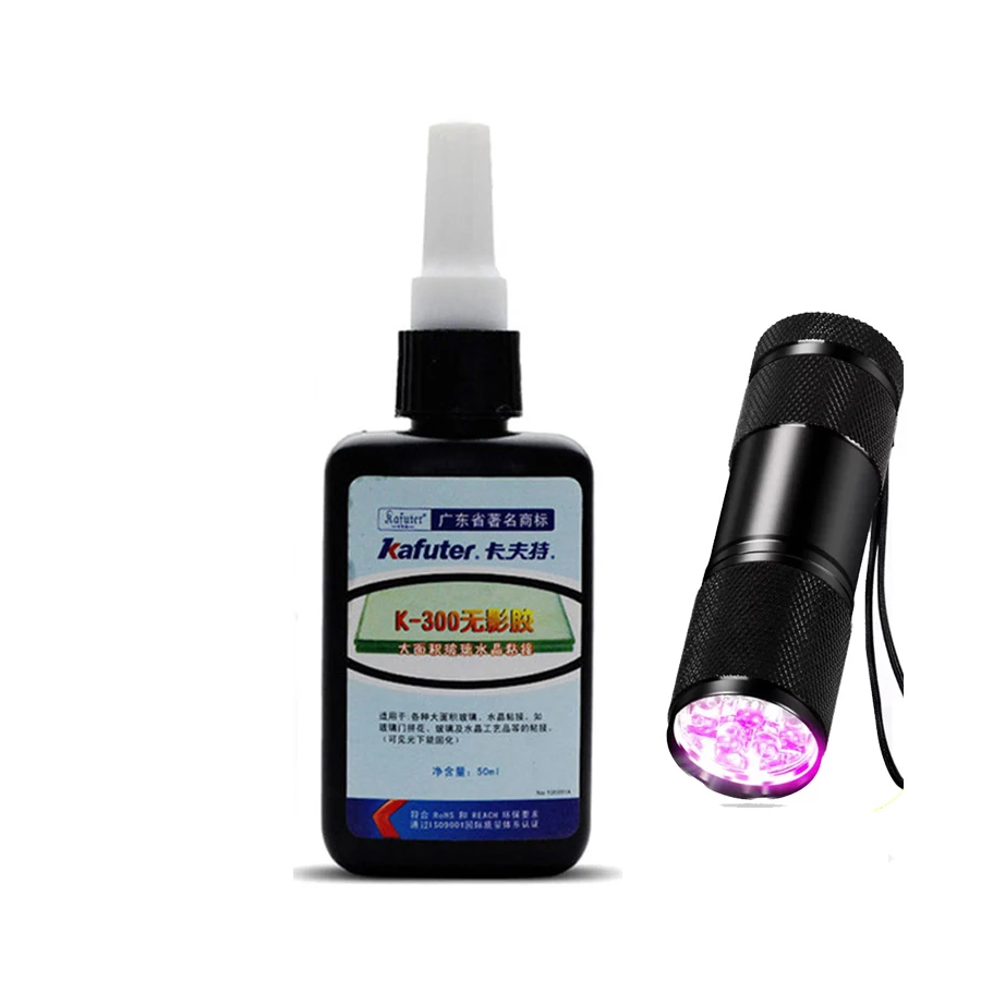 Kafuter K-300 50ml Transparent UV Glue UV Curing Adhesive Crystal and Glass Adhesive with 51 LED /9 LED UV Flashlight