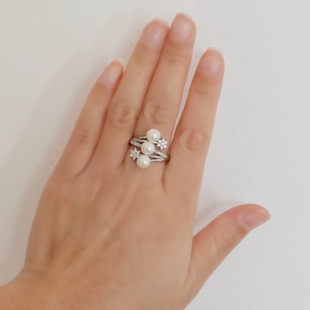Ladies Ring 6mm Natural Freshwater Pearl Jewelry Three Pearls Adjustable Size Pearl Ring