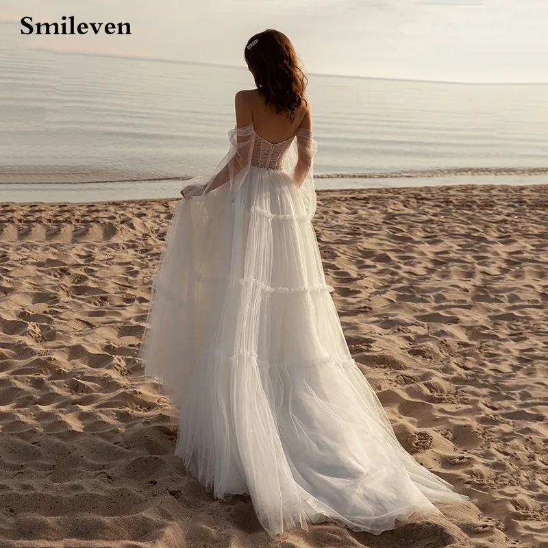 Smileven Ivory Sweetheart Hals Trouwjurk 2021 Off The Shoulder Side Split Bridal Jurken 2021 Bladerdeeg Mouw Bruidsjurken