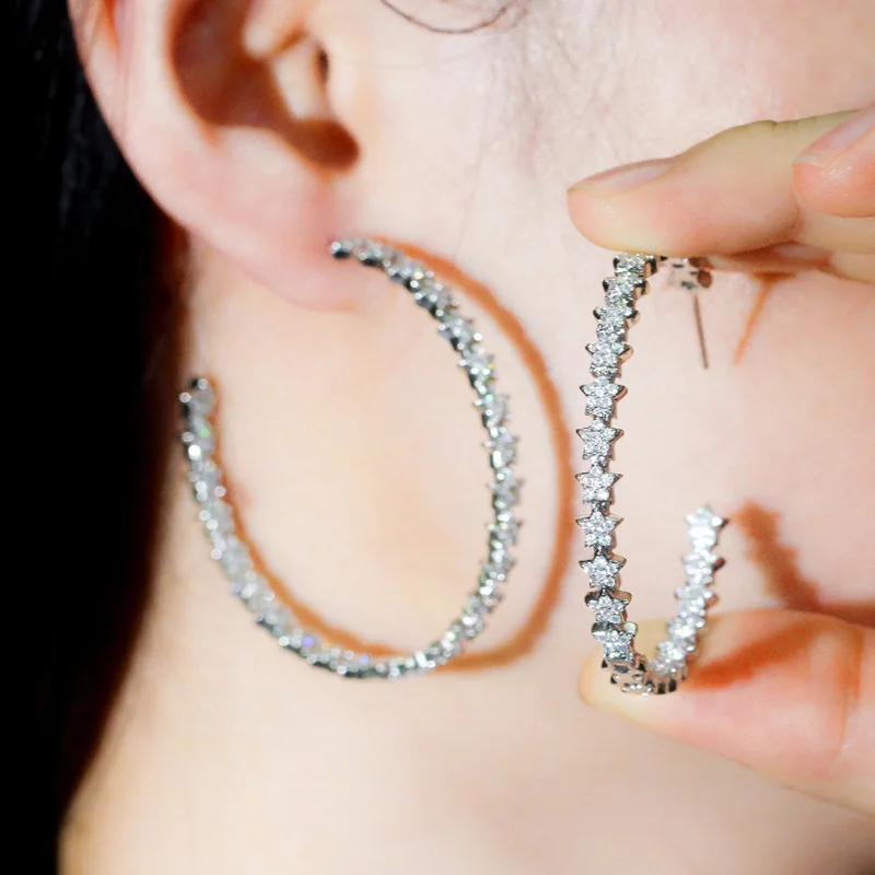 

Pera Romantic Shining CZ Stone Elegant Silver Color Big Loop Circle Lucky Star Link Hoop Earrings for Women Wedding Jewelry E512