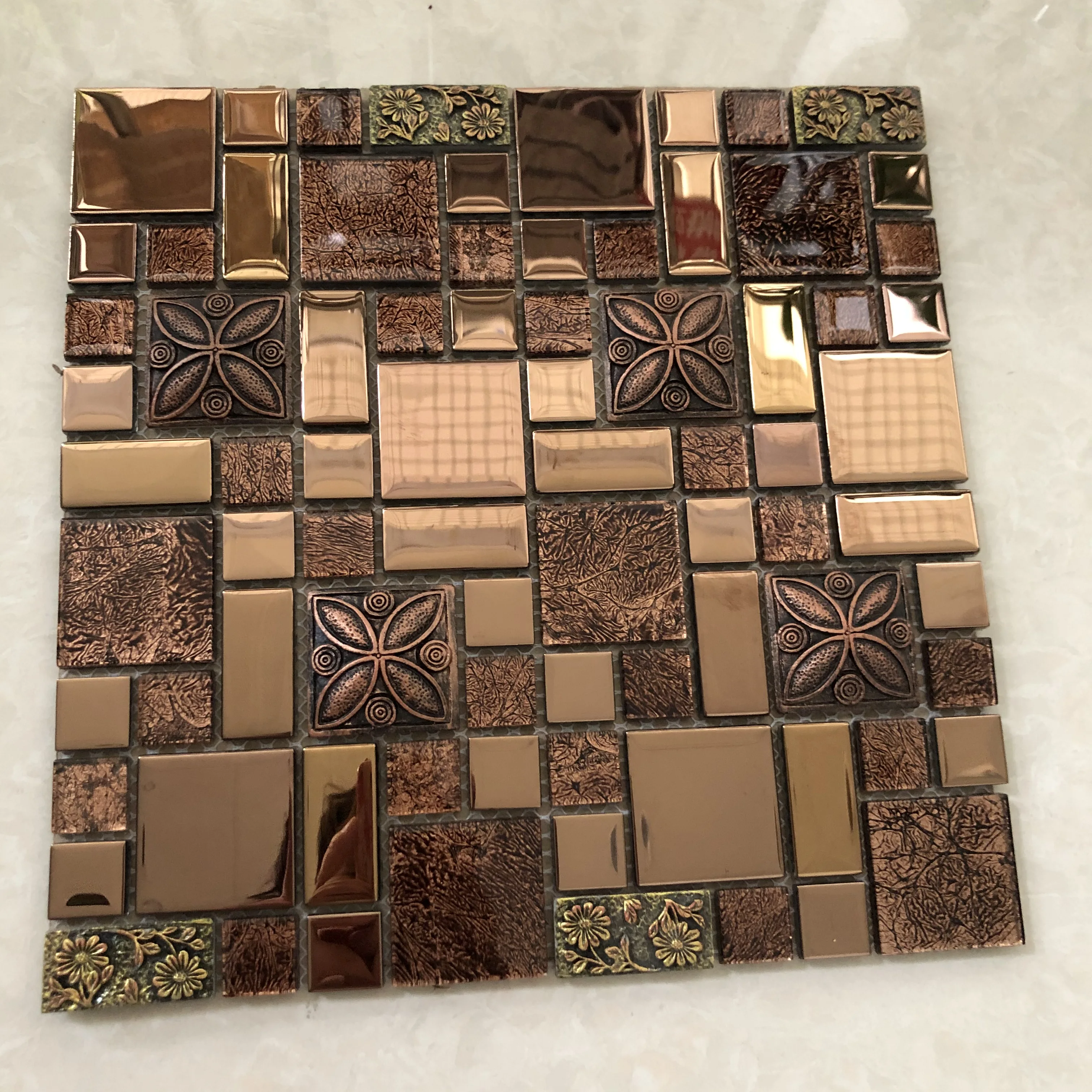 Vatange Brown Resin Flower mixed Glass Mosaic Tiles,  Kitchen Backsplash Living Room Liner Wall Brick