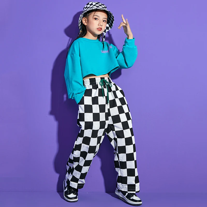 Jazz Dance Clothes Girls Hip Hop Boys Costume Long Sleeves Hoodies Chessboard Pants Street Dance Ballroom Practice Wear BL7560