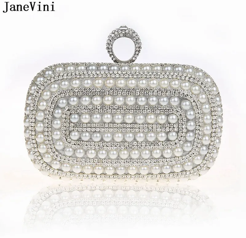 JaneVini Women Rhinestones Pearls Wedding Clutch Ladies Night Party Wallets Ring Bag Gold Black Beaded Evening Banquet Handbags