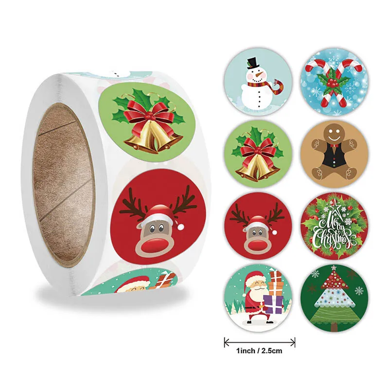 500PCS Merry Christmas  Sticker Round Cartoon PictureThank You Card Box Packaging Label Sealing Sticker Decorative Stationery