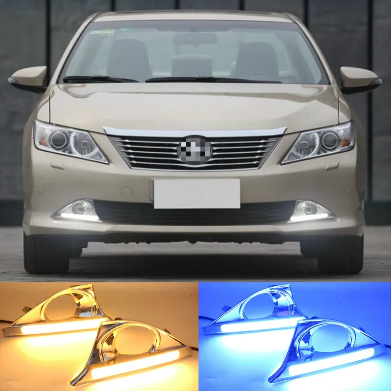 2Pcs DRL For Toyota Camry 2012 2013 2014 Daytime Running Lights fog lamp cover with yellow turn signal daylight