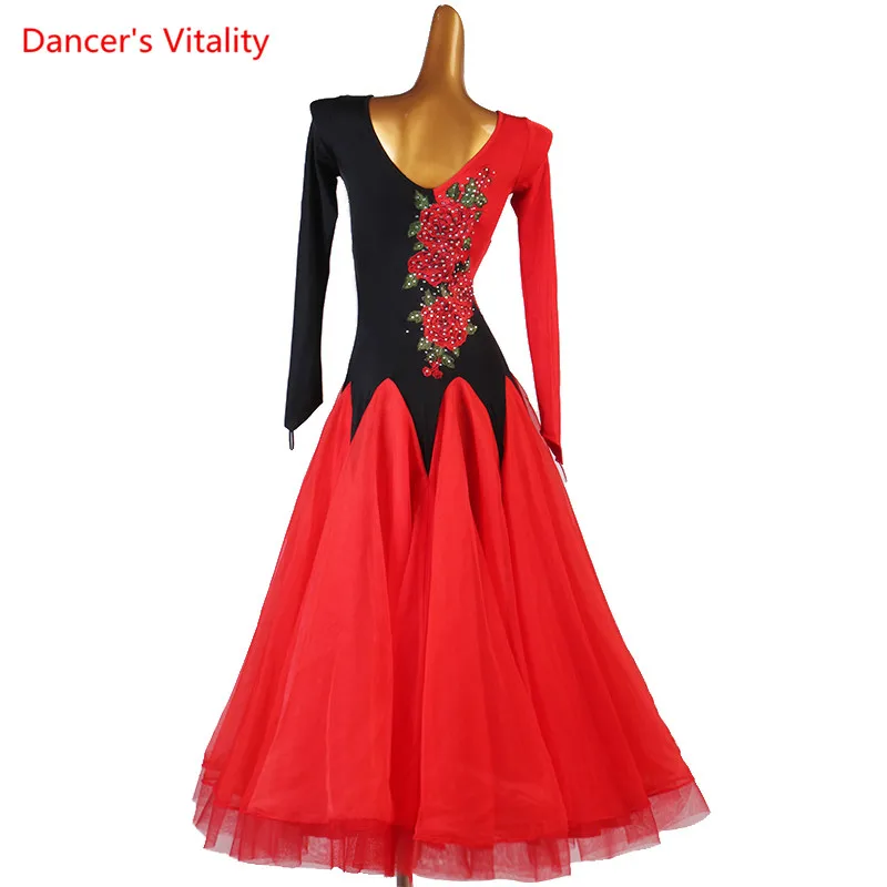 Modern Dance Dress V-Neck Diamond-Studded Big Swing Skirt Long Sleeves Profession Custom Child Woman Performance Clothing