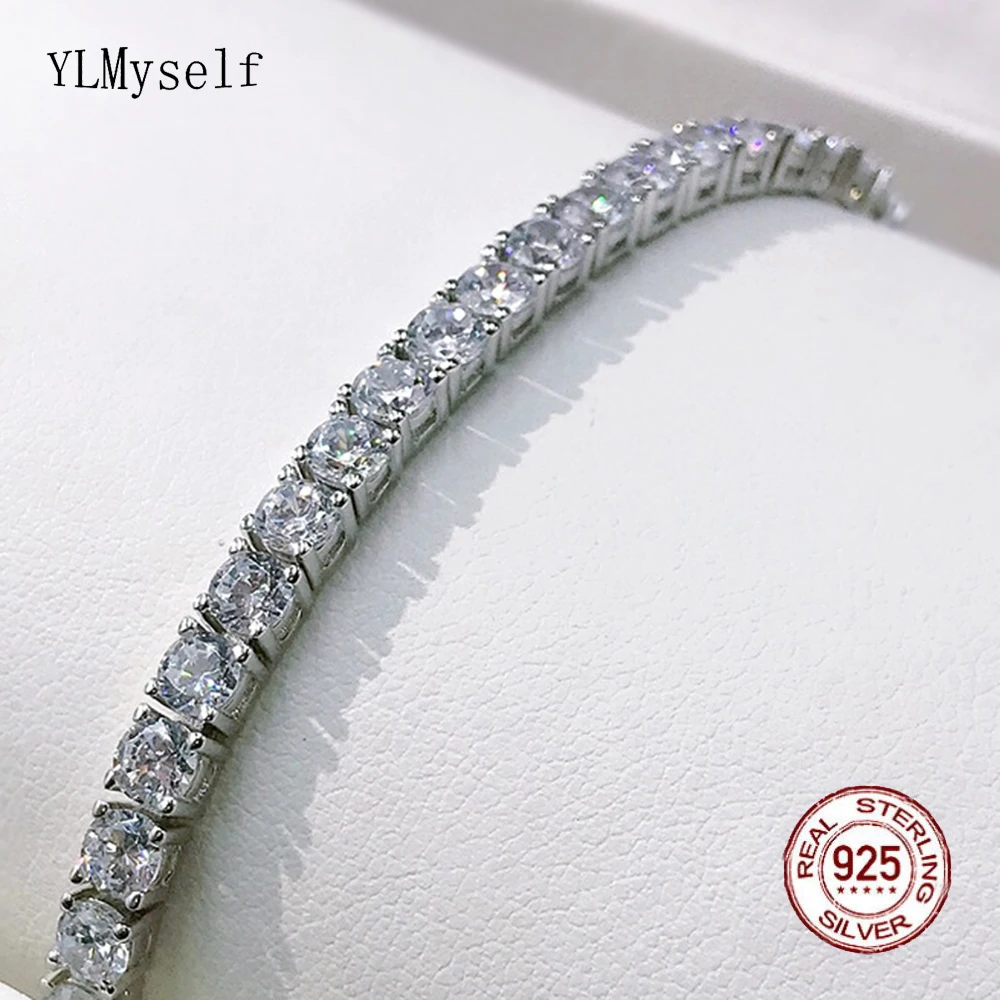 Real 925 Silver Tennis Bracelet Pave Setting 4mm Round Bling Zircon 16/17/18 CM Hip Hop Rock Fine Jewelry For Women/Man