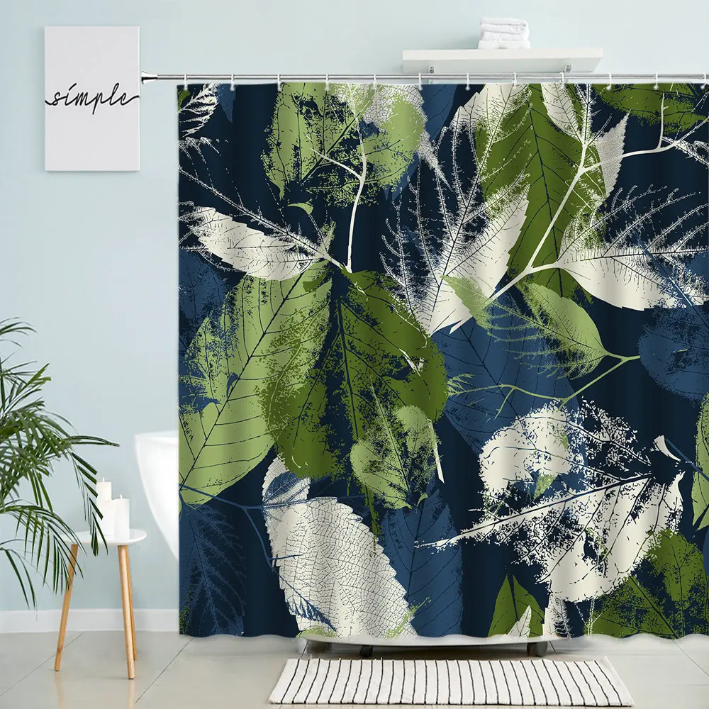 Leaf Shower Curtain Modern Simple Abstract Botanical Foliage Branch Blue Green White Design Waterproof Bathroom Screen Decor