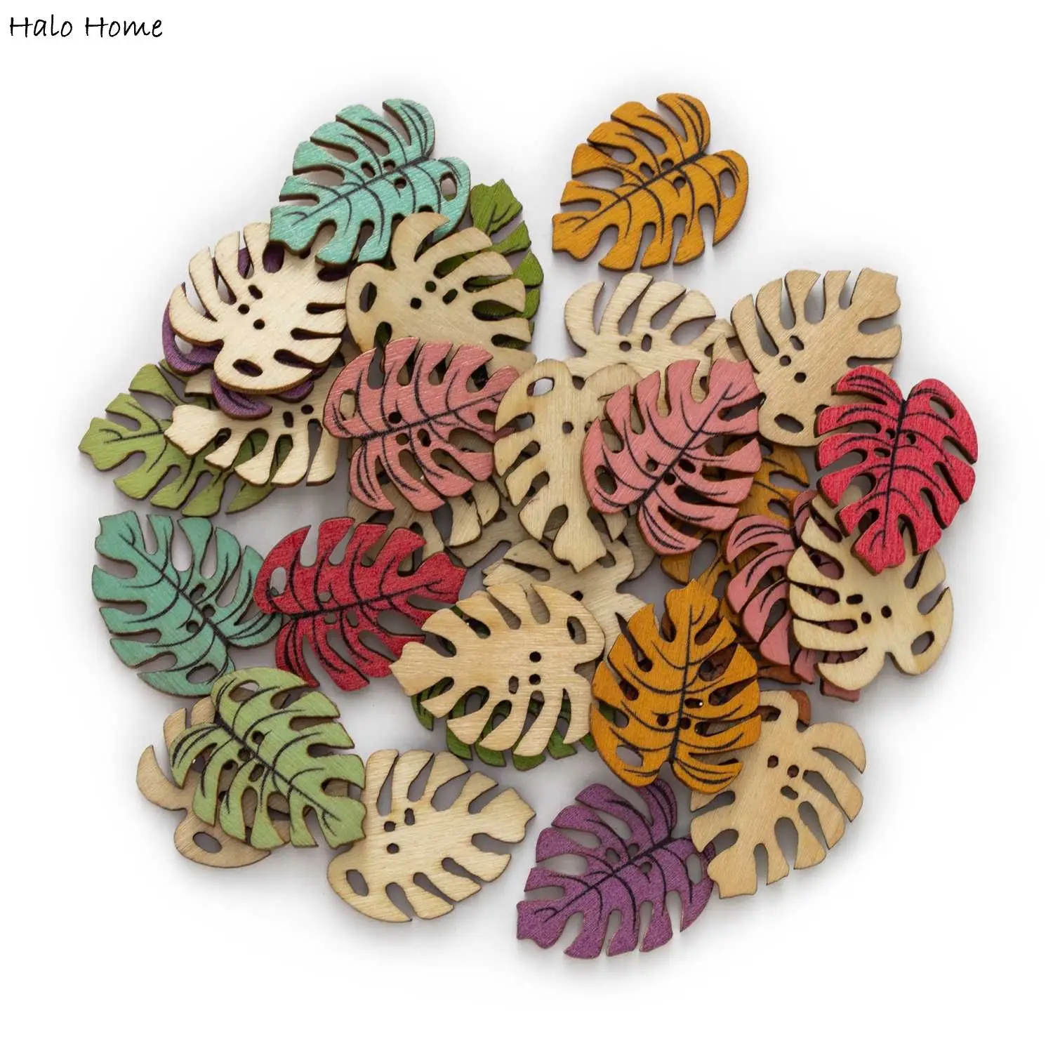 30pcs Monstera Deliciosa Leaves Colorful Leaf Series Wood Button Sewing Scrapbooking Clothing Crafts Handmade Decor Accessories