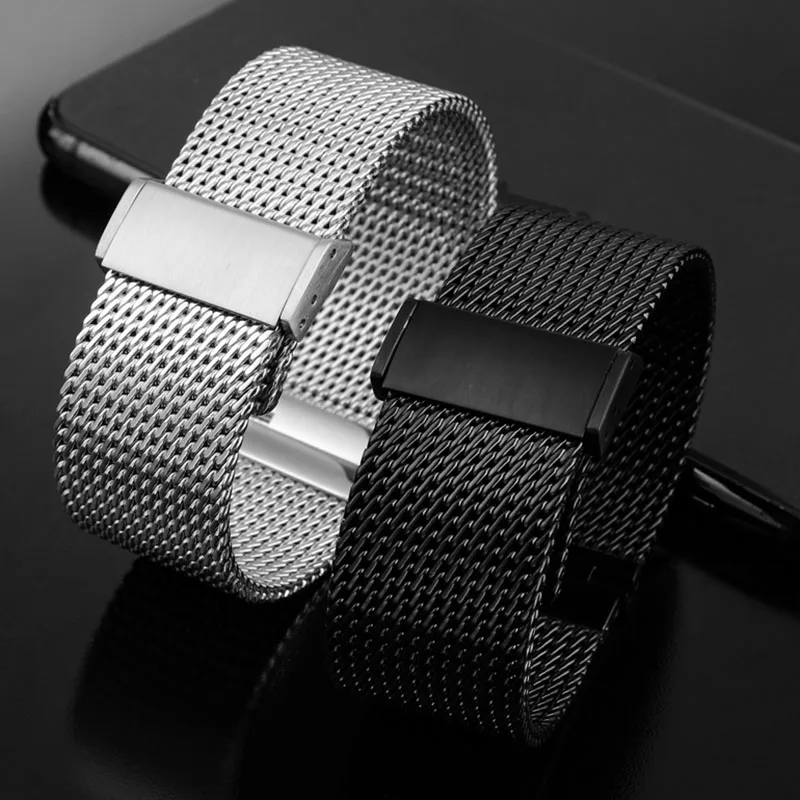 High quality 361LStainless Steel Watch strap mesh watchband 18mm 20mm 22mm black silver thicken Milanese Bracelet