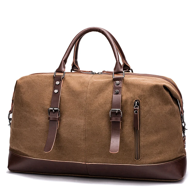 Men\'s vintage retro canvas trim large capacity weekender holdall duffle duffel travel overnight bag