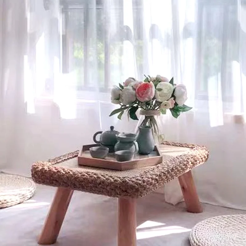 Household Handmade Rattan Bay Window Table Simple Small Table Solid Wood Small Coffee Table Kang Table Creative Tatami Low Table