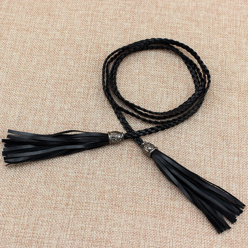 Hand-Knitted Long leather Designer Braid Tassel Belts 130cm Women Thin Waist Rope Belts for Dress PU String Cummerbunds