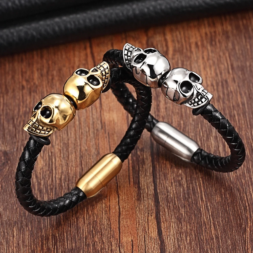 TYO New Fashion Black Braided Men Leather Bracelets Stainless Steel Cool Skull Bangles Jewelry Gift Wholesale Dropshipping