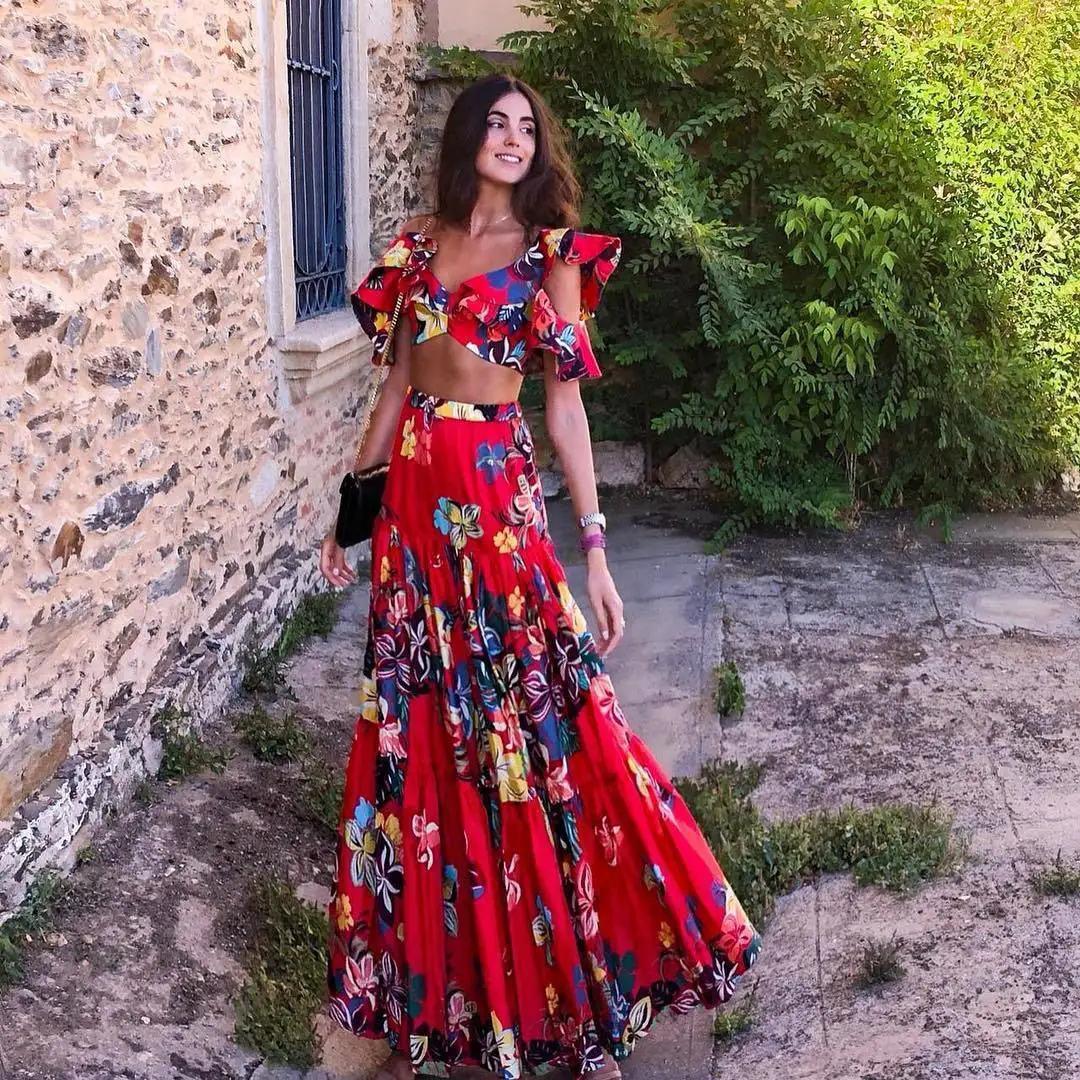 Summer 2 Piece Sets Women Floral Skirts Suits Sexy Cropped Top +maxi Dress Long Pleated Skirts Bohemian Boho Clothing Woman Suit