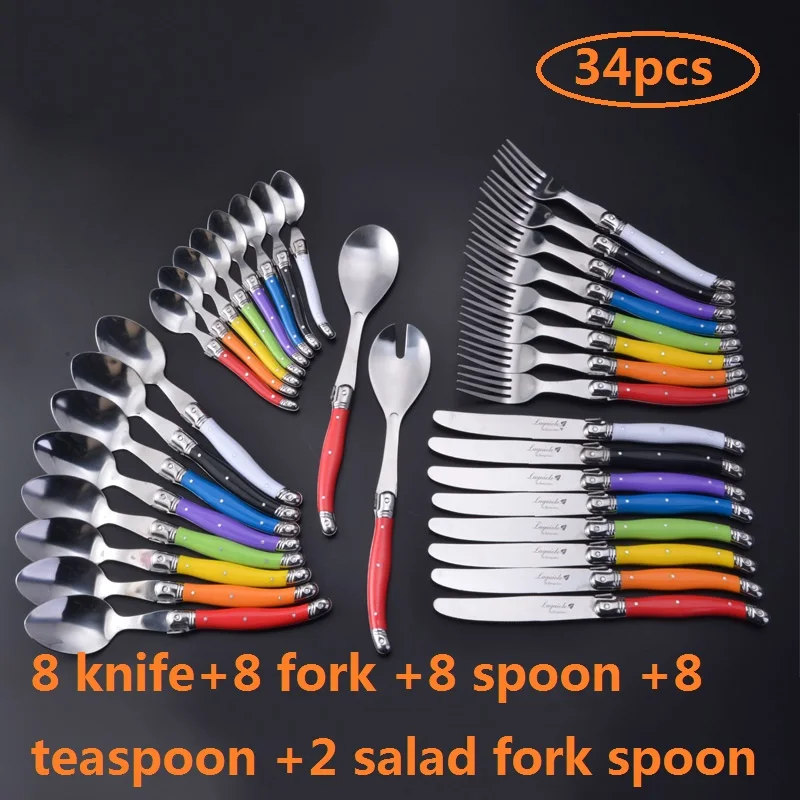 Laguiole Style Dinnerware set Black Red Rainbow Cutlery Xmas Gift Stainless Steel Steak Knives Fork Salad Spoon Teaspoon 34pcs