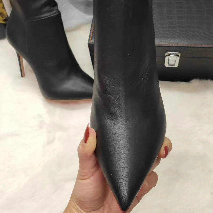 2022 Women Classic Black and White Leather Over The Knee Fashion Stiletto Heels Pointed Toe Side Zipper Lady Long Boots