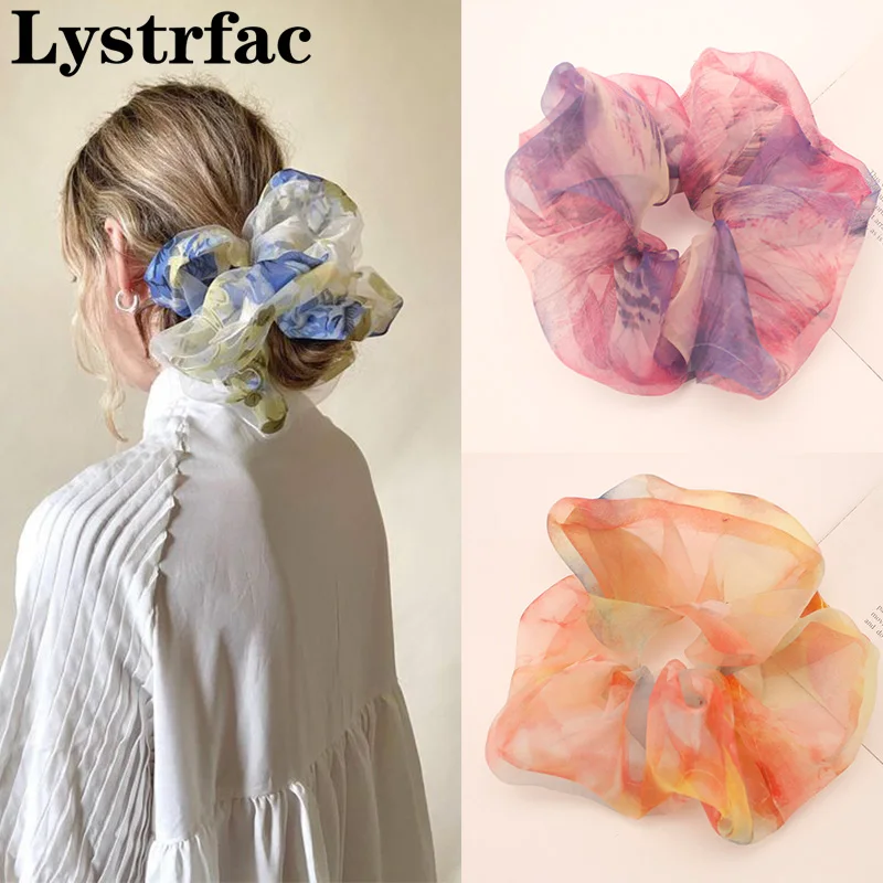 Lystrfac 2021 New Oversized Organza Print Scrunchie for Women Girls Elastic Hair Bands Hair Tie Ponytail Holder Hair Accessories