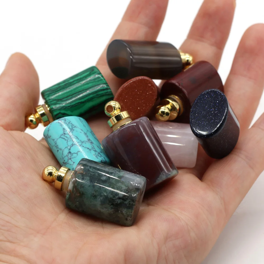 Natural Stone Perfume Bottle Pendant Flat Cylindrical Semi-precious Exquisite Charms For Jewelry Making DIY Necklace Accessory