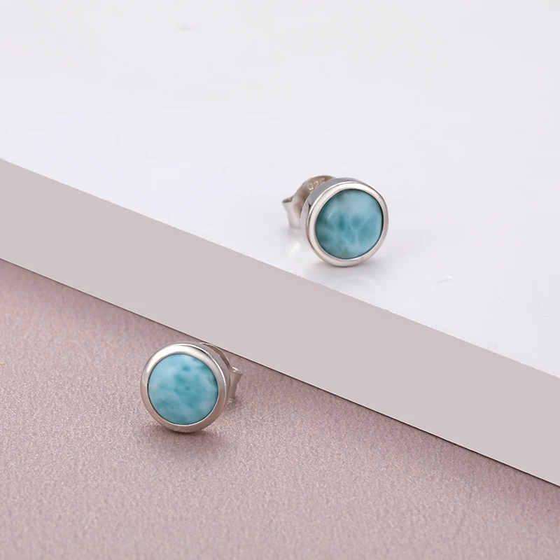 2021 Simple Fashion Geometric Round Charm 925 Sterling Silver Jewelry Gift Classic Natural Precious Larimar Earrings for Women