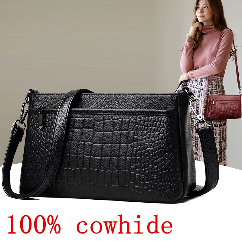 Crocodile Pattern 100% cowhide Women Casual Tote Bag Female Handbag Small Shoulder Bag for Messenger bag Vintage Genuine Leather