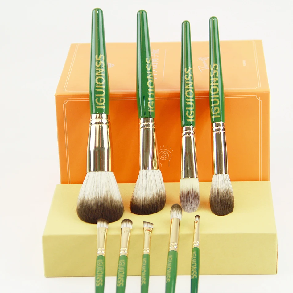 IGUIONSS makeup brush 9 pcs Emerald green color super soft fiber makeup brushes set high quality face and eye cosmetic pens