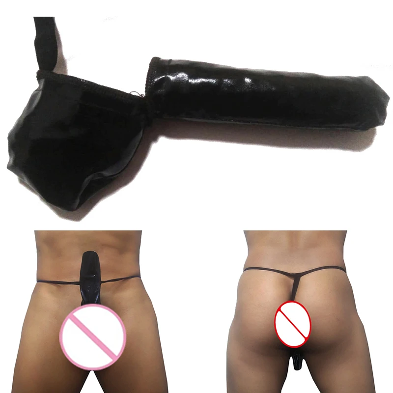 Men Lingerie Penis Sheath Cover Tights Underwear Sexy Patent Leather Penis Sheath With Cord Lock Gay Pouch Panties Man A50