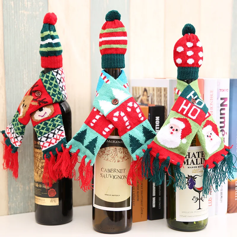 Knitted Wine Bottle Bag New Year Decor Bottle Cover Christmas Gift Wine Bottle Bag Santa Claus Christmas Tree Pattern 12pcs/lot