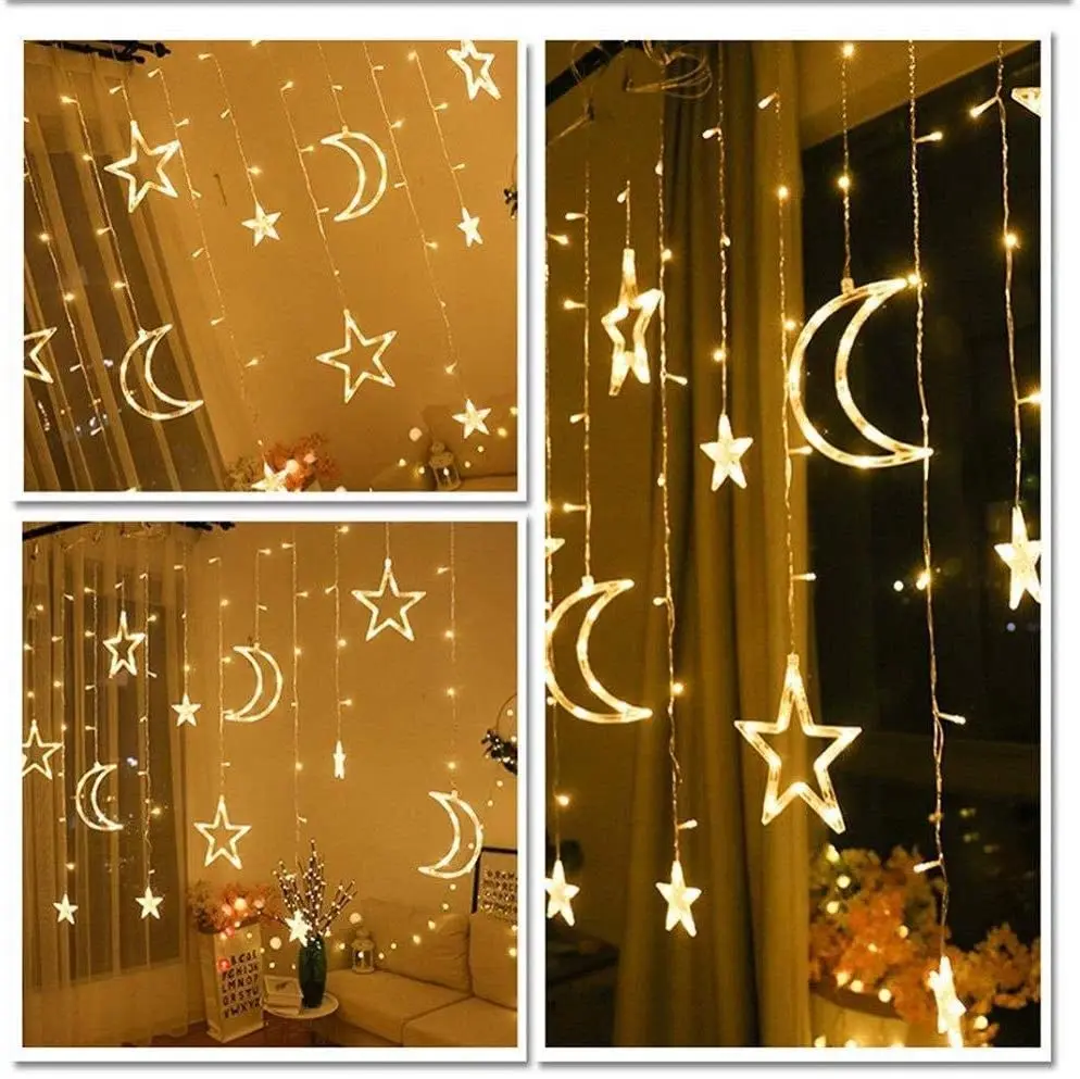 Imagem -06 - Estrela Lua Cortina Led String Luz Natal Ramadan Guirlanda Luz Romântico Luzes do Feriado para a Decoração da Festa de Casamento 3.5m 138leds