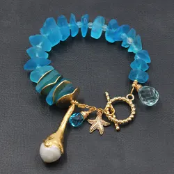 GG Natural Blue Glass Quartz Electroplate Gold Color Plated Keshi Pearl Bracelet CZ Starfish Charms Handmade For Women