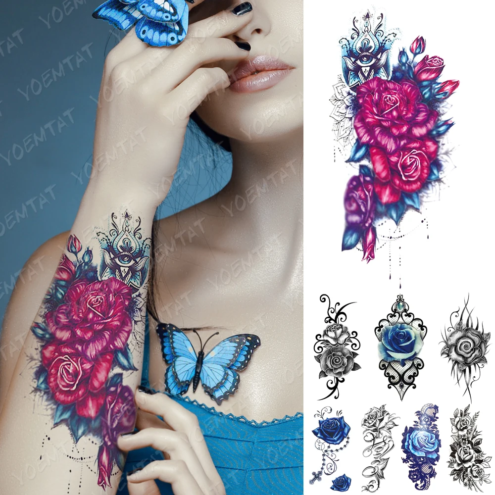 

Waterproof Temporary Tattoo Sticker Lily Blue Rose Tattoos Totem Flower Gem Lace Body Art Arm Fake Sleeve Tatoo Women Men