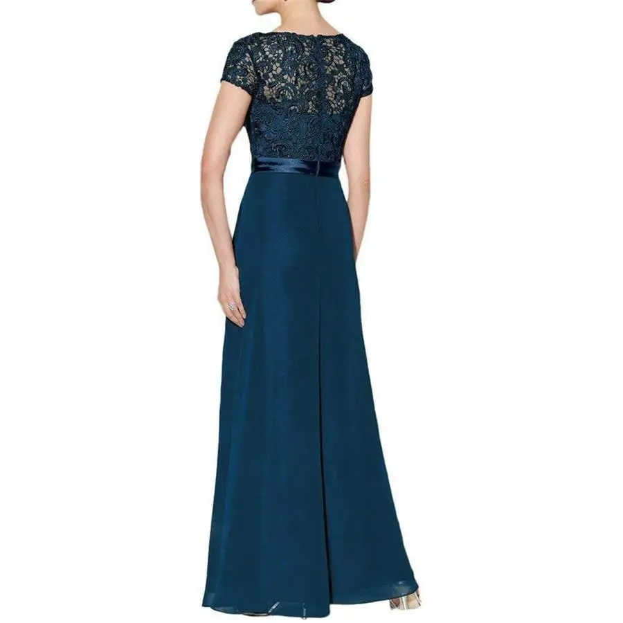 Elegant Appliques แม่เจ้าสาวยาวชีฟอง Scoop แขนสั้น Vestido De Festa Longo فساتين السهرة