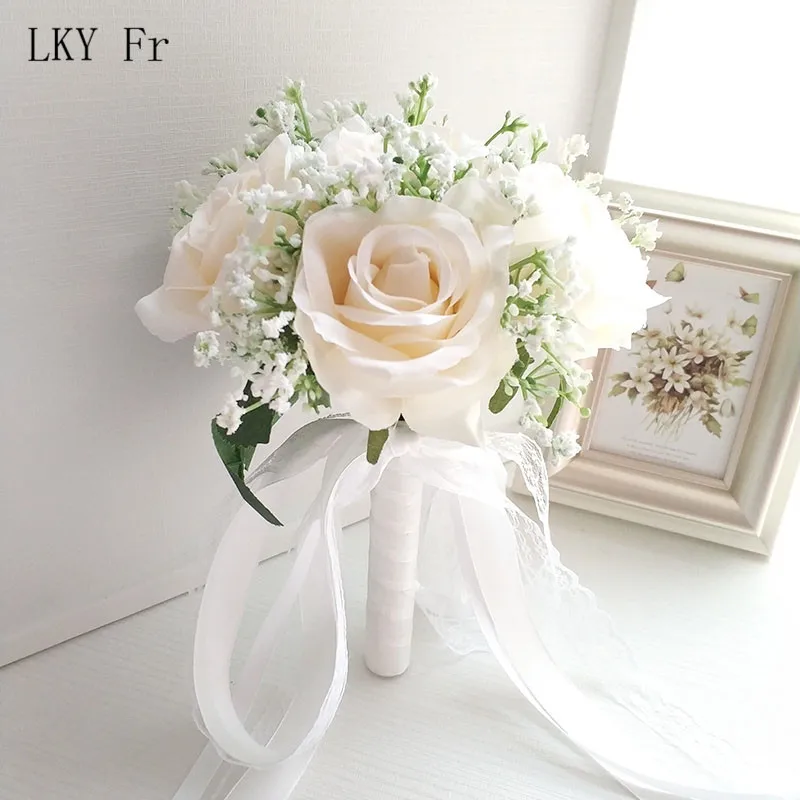 Lky Fr Bruidsboeket Bruidsmeisje Bruidsboeket Kunstmatige Rozen Witte Zijde Bloemen Meisje Boeket Bruiloft Accessoires Home Decor