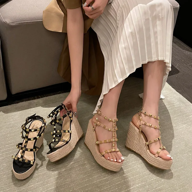 Low Sandals Woman Leather Suit Female Beige High Heels Shoes Muffins shoe Clogs Wedge Open Toe Low-heeled Studded Black High-hee