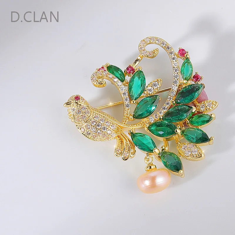 D.Clan Bird Peacock Color Zircon Freshwater Real Pearl Coat Brooch Fashion Jewelry Clothing Accessories Pin Gift for Women