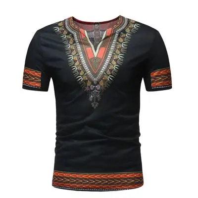 African DashikiT-shirts White Blue Ethnic Style Printed Blended Slim Fit Casual Short-Sleeved V-neck Man Tops Tees Clothing