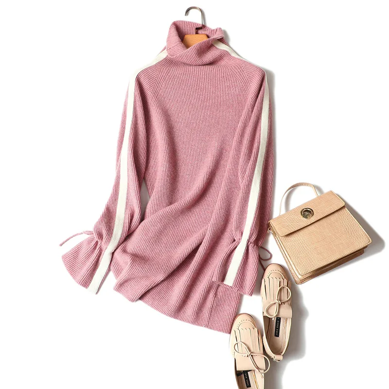 high-end 100% cashmere turtleneck sweater long women ribbed knitted winter pullovers