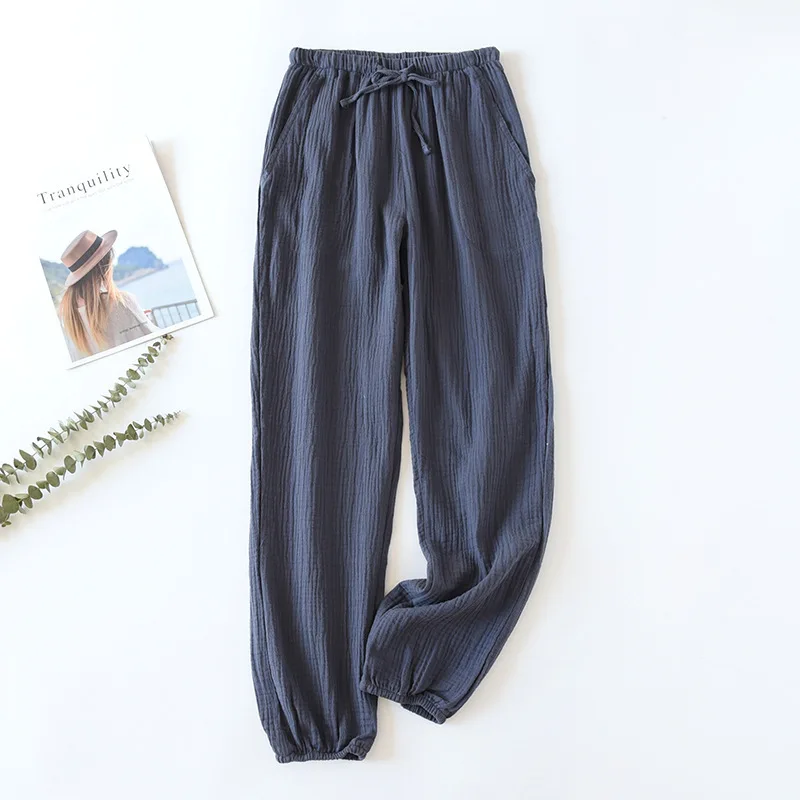 2023 Spring Autumn New Couples Solid Color Sleep Bottom Men Women Comfort 100% Gauze Cotton Pants Lovers Elastic Waist Trousers