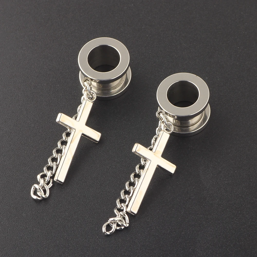 Cross  Chain Stainless Steel Ear Plugs Piercing Expanders Fashion Picture Logo Design Earring Gauges Studs Flesh Jewelry GIft