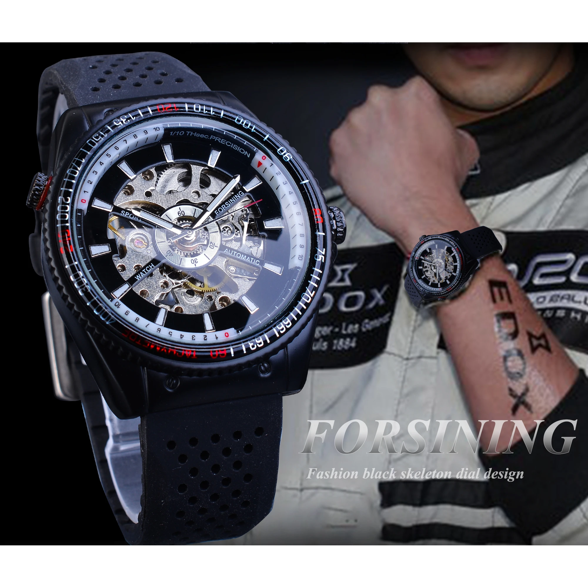 Forsining 2016 Rotating Bezel Sport Design Silicone Band Men Watches Top Brand Luxury Automatic Black Fashion Casual Watch Clock