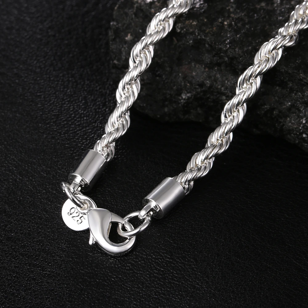 High quality 925 Sterling Silver 4MM Women Men chain Male Twisted Rope Necklace Bracelets Fashion Silver Jewelry Set